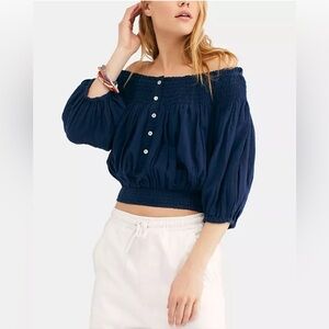 WE THE FREE Dancing Til Dawn Smocked Off The Shoulder Top Navy Blue Size Large